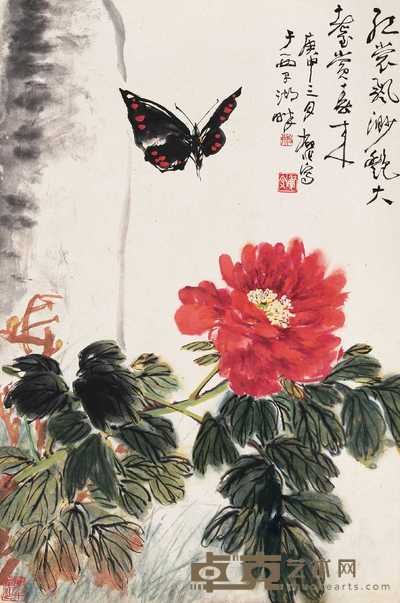 陆抑非 庚申（1980）年作 富贵蝴蝶 立轴 65×43cm